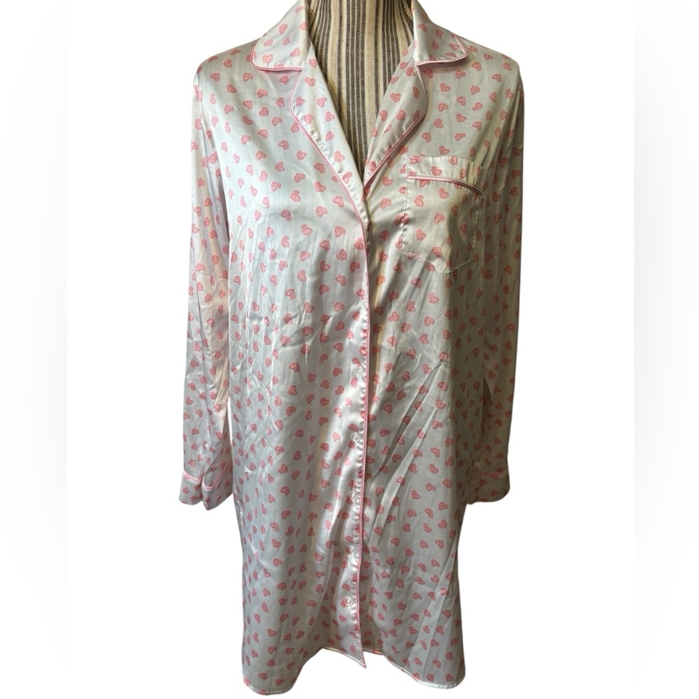 Tabitha Webb Nightshirt Satin White Pink Hearts Long-Sleeve Button-Up Gown